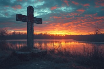 lonely cross on a hill at sunset, concept of faith in God	