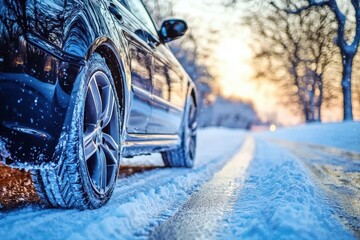 Side profile shot of a car navigating snow-covered terrain. 