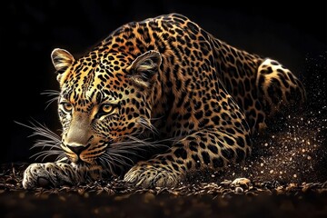 Fototapeta premium A stunning full-body image of a large leopard against a dark background.