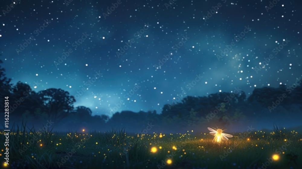 Wall mural a glowing firefly in front of a vast open sky filled with stars, creating a sense of wonder.