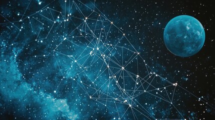 Obraz premium Celestial Network Connecting Stars and a Distant Planet