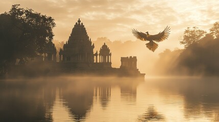 Serene temple silhouette at sunrise with soaring bird.