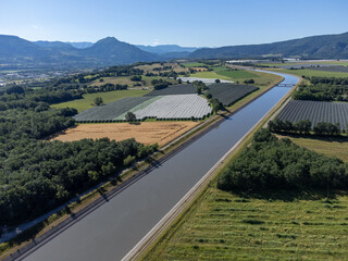 Agricultural region with lavender or lavandine plants, fruit orchards near Sisteron, Haute-Durance, Franse departement Alpes-de-Haute-Provence, in summer