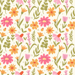 Botanical seamless pattern with spring wildflowers in pastel colours. Vector floral background for postcards, banners