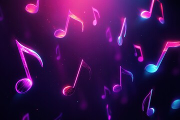 Dynamic 3D music notes floating in vibrant colors against a dark background. Generative AI
