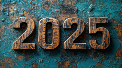 Wooden numbers spelling 2025 on textured blue and rust background