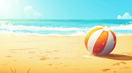 Beach Scene with a Colorful Striped Ball