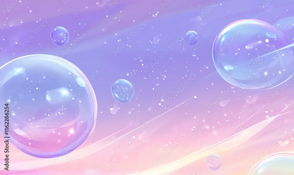 Poster soft pastel background with floating bubbles and sparkling stars.