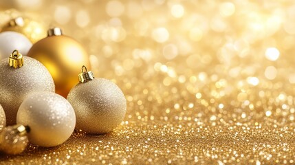 A collection of shimmering gold and white Christmas ornaments on a sparkling golden background, evoking a festive and elegant holiday atmosphere.