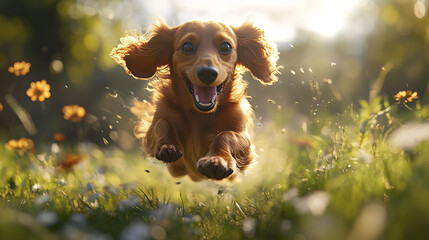 joyful Dachshund leaps through sunny field, surrounded by flowers