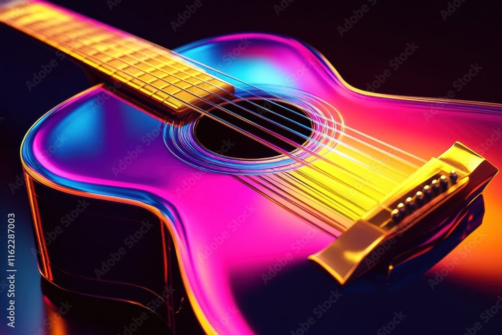 Poster vibrant 3d guitar with colorful reflections on a dark background showcasing intricate details and ar