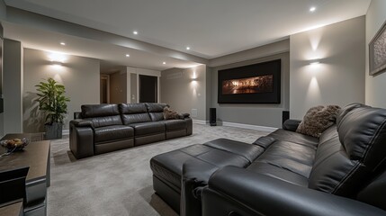 Luxurious Home Theater Design:  Modern Recliners and Ambient Lighting