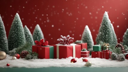 Obraz premium A festive scene featuring decorated Christmas presents surrounded by snowy trees against a red backdrop, evoking a cheerful holiday spirit.
