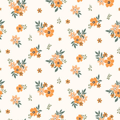 Seamless floral pattern, liberty ditsy print of simple plants, mini bouquets in folk, country motif. Cute botanical design: small yellow flowers, tiny leaves in repeat composition. Vector illustration
