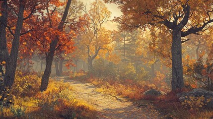Serene autumn forest path with vibrant foliage.