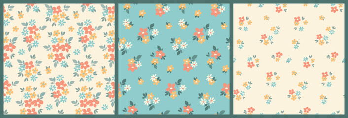 Seamless floral pattern, liberty ditsy print collection. Cute botanical textile, wallpaper design of small pretty flowers, tiny leaves, simple hand drawn plants in mini bouquets. Vector illustration. © Yulya i Kot