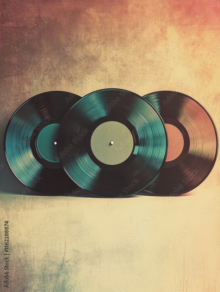 Leinwandbilder Vintage vinyl records arranged creatively against a textured backdrop with ample copy space for text. Generative AI