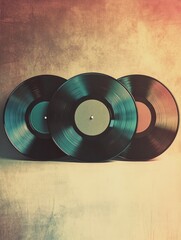 Vintage vinyl records arranged creatively against a textured backdrop with ample copy space for...