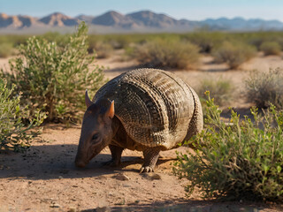 Obraz premium Curious Armadillos Foraging in the Drylands: A solitary armadillo sniffing at sparse vegetation in a desert landscape, its tough shell gleaming under the summer sun.