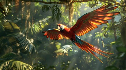 A Flying Macaw Parrot in the Forest, Showcasing Its Vibrant Beauty