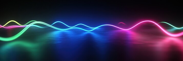 Fototapeta premium Colorful 3D light waves pulsate in neon hues, creating a vibrant visual experience at night. Generative AI