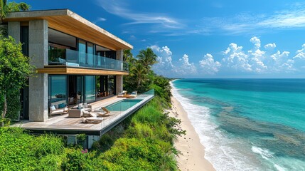 Fototapeta premium A beachfront home with a large deck, glass railing, and panoramic views of the ocean.