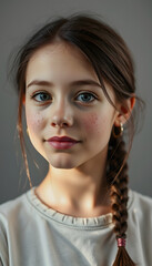 tender brunette girl with freckles on face isolated on grey, Backlit, with white tones