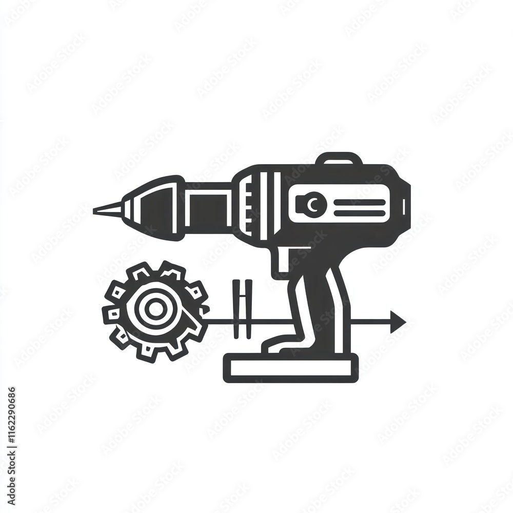 Poster cordless drill icon with gear, showing power and mechanism.
