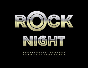 Vector Event icon Rock Club. Cool Silver Font. Unique Metallic Alphabet Letters and Numbers set.