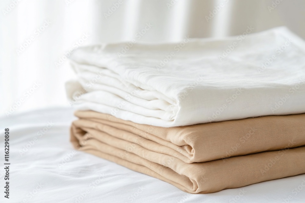 Poster neatly folded linens in neutral colors on a soft surface.