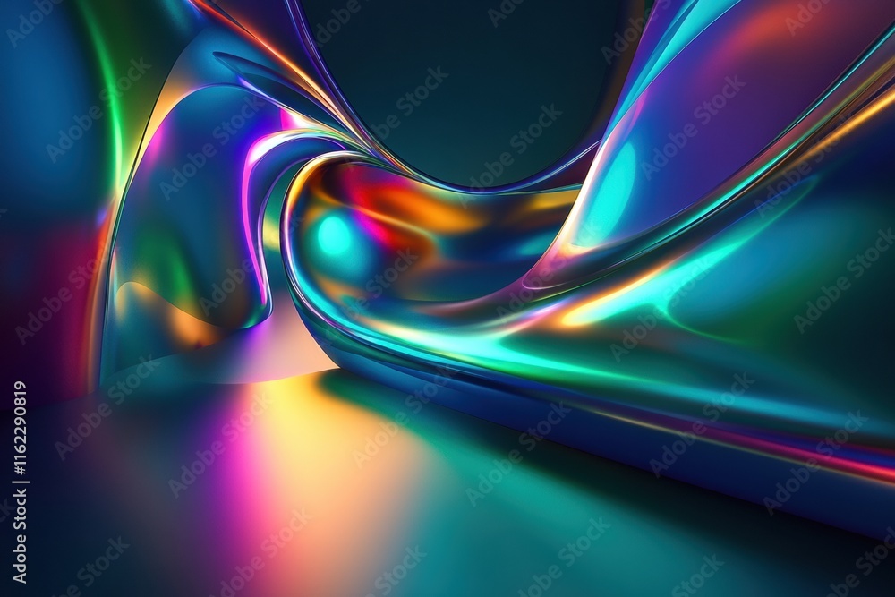 Poster Exploring colorful 3D sound waves in an abstract music inspired design with dynamic curves and vibrant reflections. Generative AI