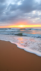 Fototapeta premium Sea waves and warm sunset light, calm and relaxing sandy beach, dreamy atmosphere, with white tones