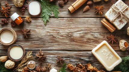 Winter Spa Aromatic Background: Natural Handmade Soap, Candles, Essential Oils, and Spices on Rustic Wooden Surface