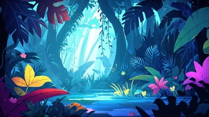 Lush jungle scene with vibrant foliage and serene water.