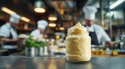 Chefs plate dishes in a dynamic kitchen, highlighting a jar of mayonnaise