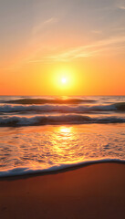 Fototapeta premium Sea waves and warm sunset light, calm and relaxing sandy beach, cinematic, with white tones