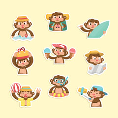 Cute Cartoon Monkeys Enjoying Summer Activities Stickers with Playful Designs