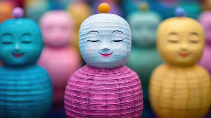 Fototapeta premium Serene Paper Dolls Colorful Asian Figurines with Closed Eyes Peaceful Meditation Scene