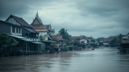 River Overflow in a Small Village During Stormy Weather