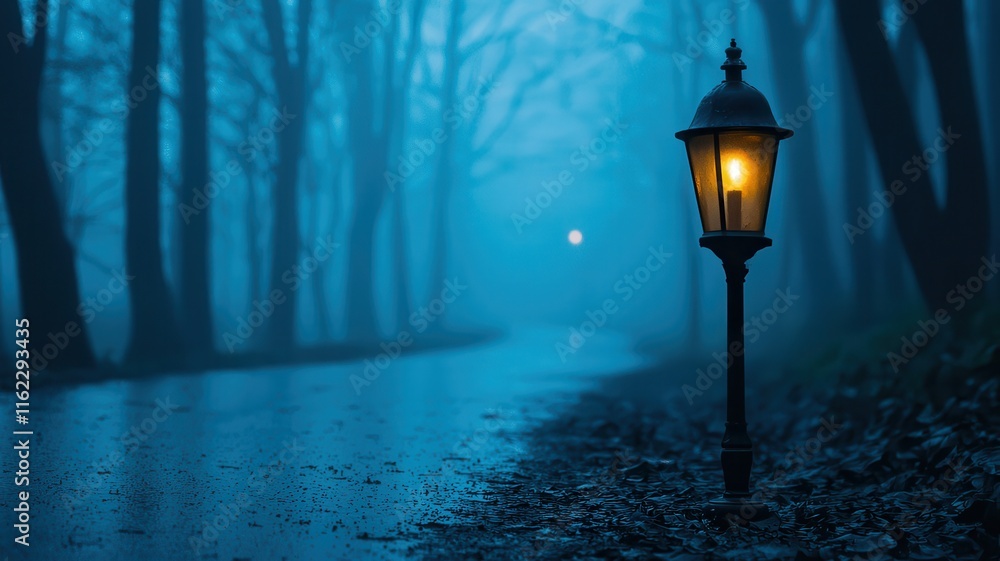 Poster enchanting illuminated lamp post on misty forest path at dusk