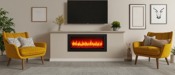Modern Living Room with Electric Fireplace Mustard Armchairs and Wall Decor