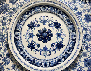 A close-up of a beautifully crafted blue and white porcelain plate with a detailed floral pattern. Ideal for projects related to art, tableware, home decor, or cultural heritage.