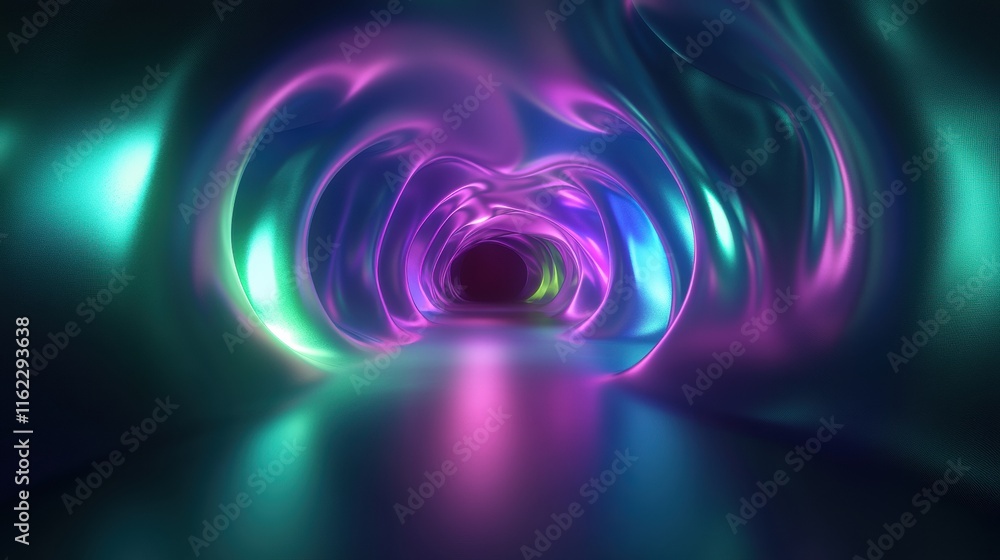 Poster 3D abstract sound waves swirl through a colorful tunnel of light and movement at an artistic soundscape event. Generative AI