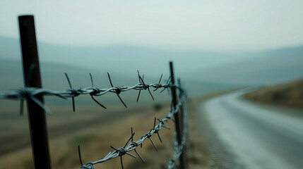 Close-up of a barbed wire fence stretching along a deserted rural road in a foggy, desolate landscape