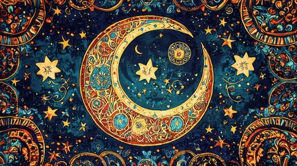 Fototapeta premium Ornate Crescent Moon Celestial Tapestry Design