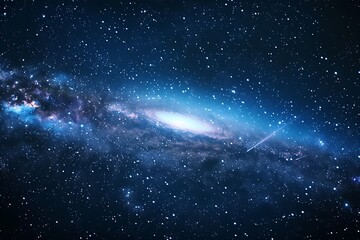 Obraz premium The Milky Way galaxy illustrated in deep space, glowing blue light highlighting stars and other galaxies, symbolizing cosmic vastness and creation.
