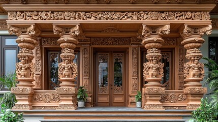 Obraz premium Ornate wooden entrance with intricate carvings and decorative pillars.