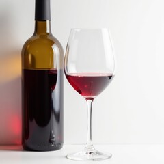 A half-filled wine glass, bottle partially visible, pure white backdrop, object, beverage
