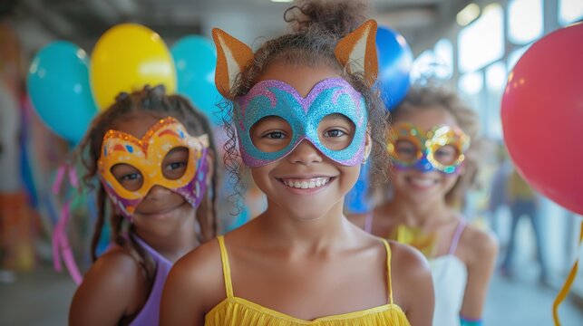 A diverse group of children wearing vibrant carnival masks and face paint, joyfully playing games at a Mardi Gras celebration with colorful balloons - Powered by Adobe