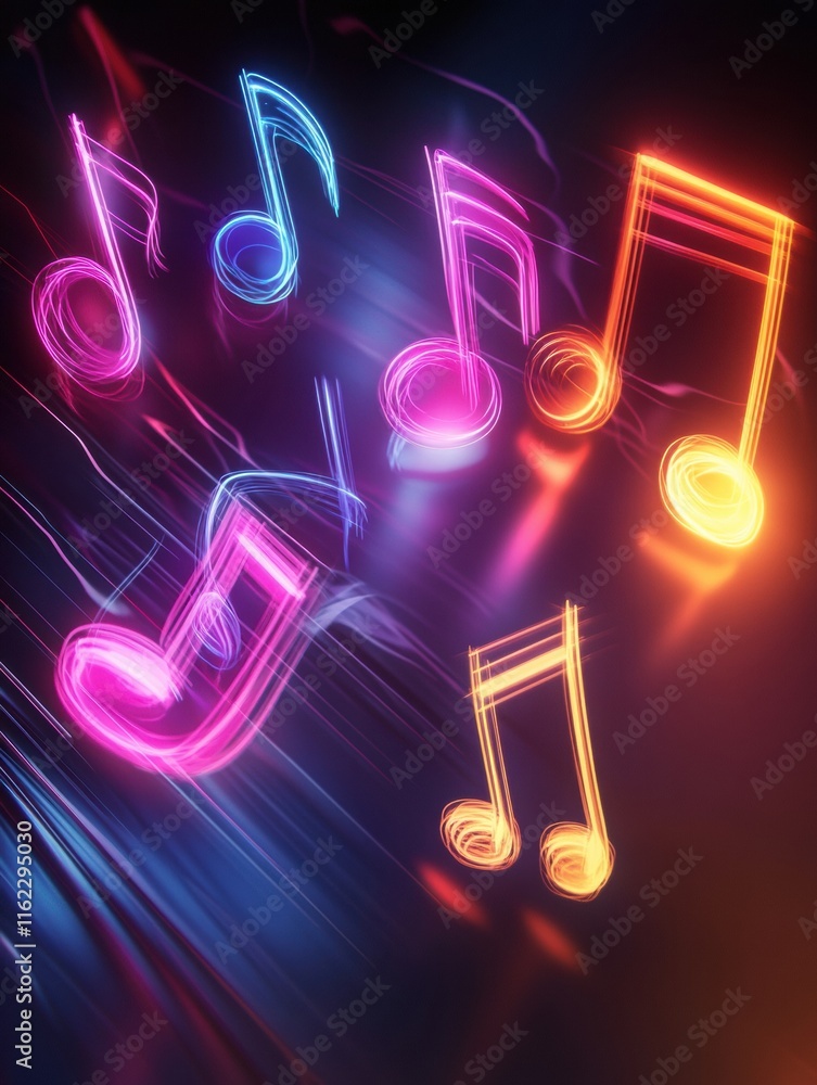 Poster Colorful 3D music notes floating in vibrant space with dynamic lighting effects and vivid colors. Generative AI